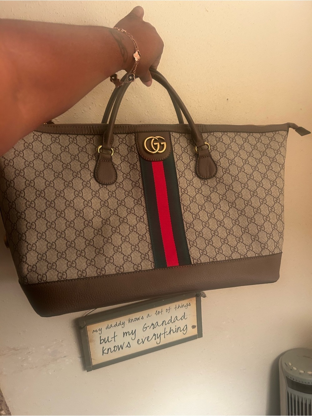Gucci Brown Monogram Tote with Green and Red Stripe Center